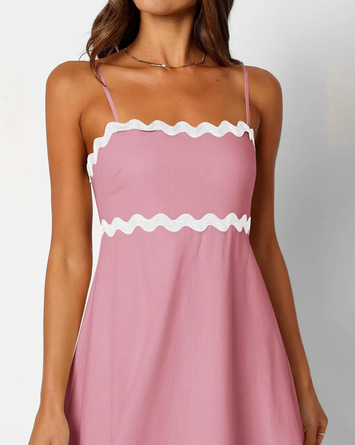 dowerme Women Summer Dresses 2025 Spaghetti Straps Sleeveless Smocked Rickrack Trim Boho Flowy Loose A-Line Midi Dress