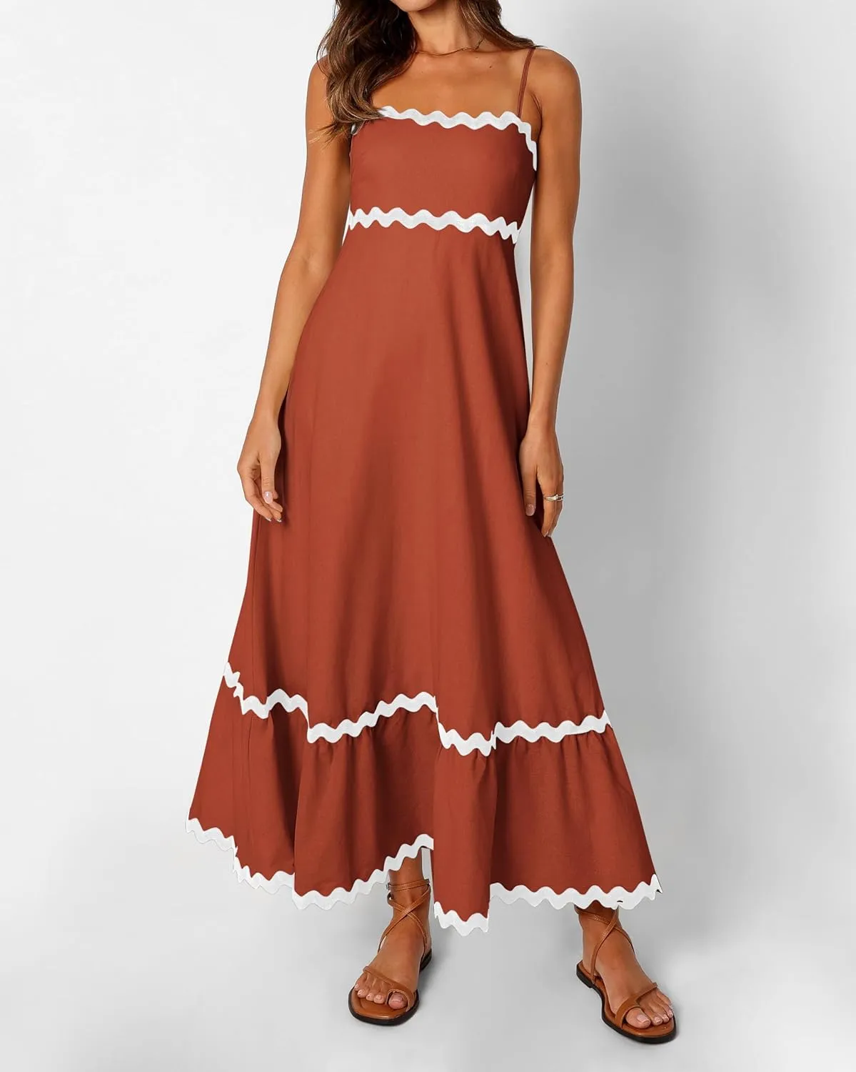 dowerme Women Summer Dresses 2025 Spaghetti Straps Sleeveless Smocked Rickrack Trim Boho Flowy Loose A-Line Midi Dress