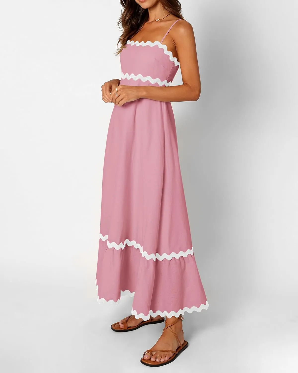 dowerme Women Summer Dresses 2025 Spaghetti Straps Sleeveless Smocked Rickrack Trim Boho Flowy Loose A-Line Midi Dress