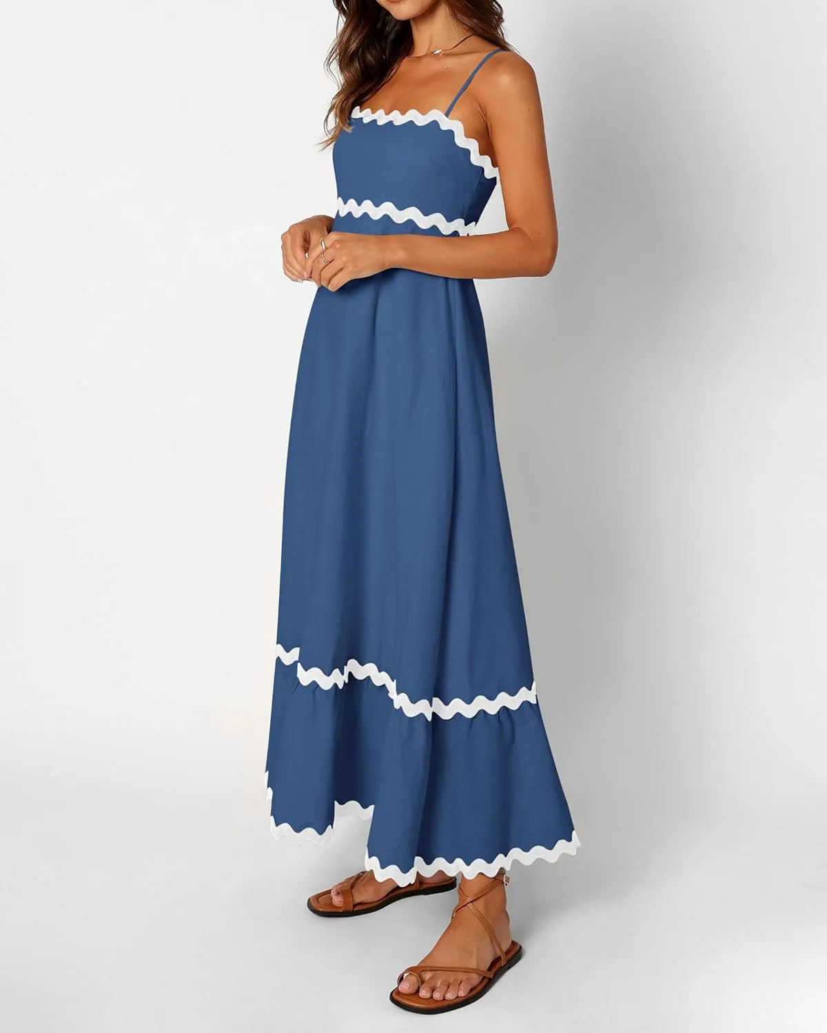 dowerme Women Summer Dresses 2025 Spaghetti Straps Sleeveless Smocked Rickrack Trim Boho Flowy Loose A-Line Midi Dress