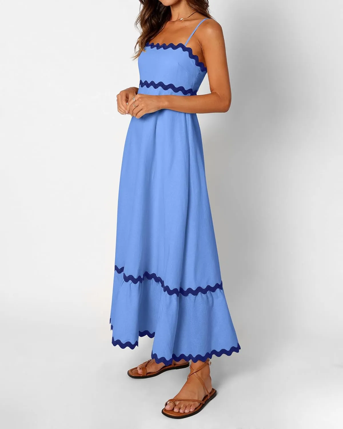 dowerme Women Summer Dresses 2025 Spaghetti Straps Sleeveless Smocked Rickrack Trim Boho Flowy Loose A-Line Midi Dress