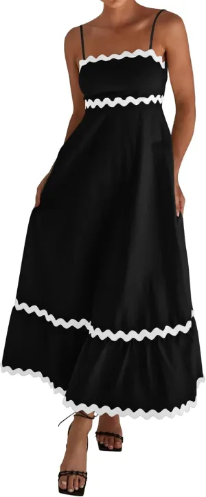 dowerme Women Summer Dresses 2025 Spaghetti Straps Sleeveless Smocked Rickrack Trim Boho Flowy Loose A-Line Midi Dress