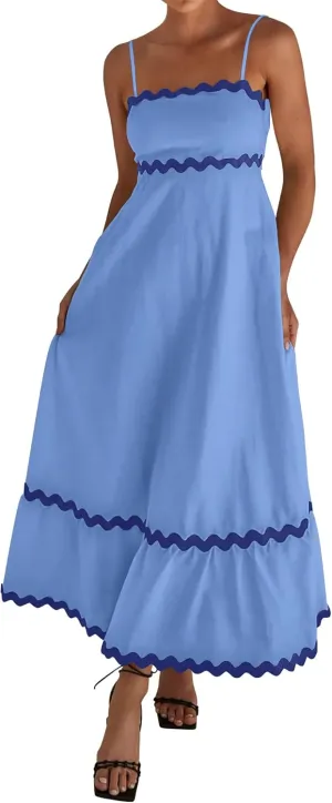 dowerme Women Summer Dresses 2025 Spaghetti Straps Sleeveless Smocked Rickrack Trim Boho Flowy Loose A-Line Midi Dress
