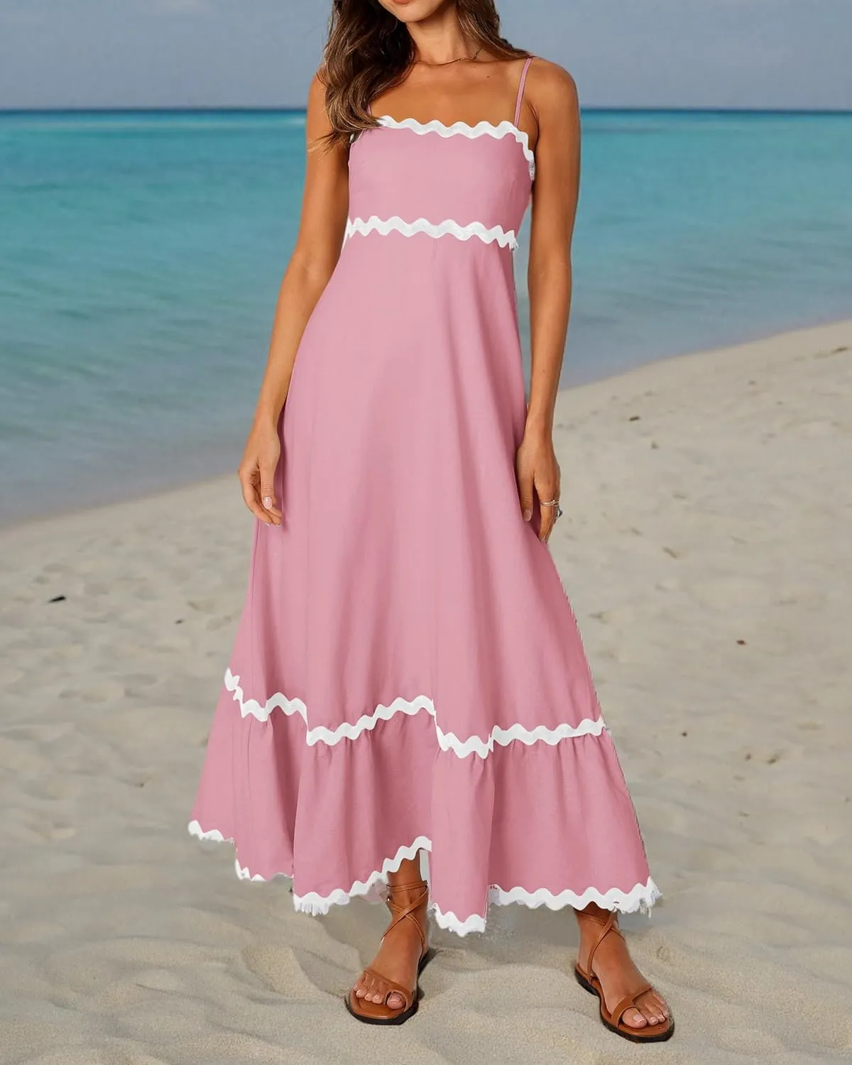 dowerme Women Summer Dresses 2025 Spaghetti Straps Sleeveless Smocked Rickrack Trim Boho Flowy Loose A-Line Midi Dress