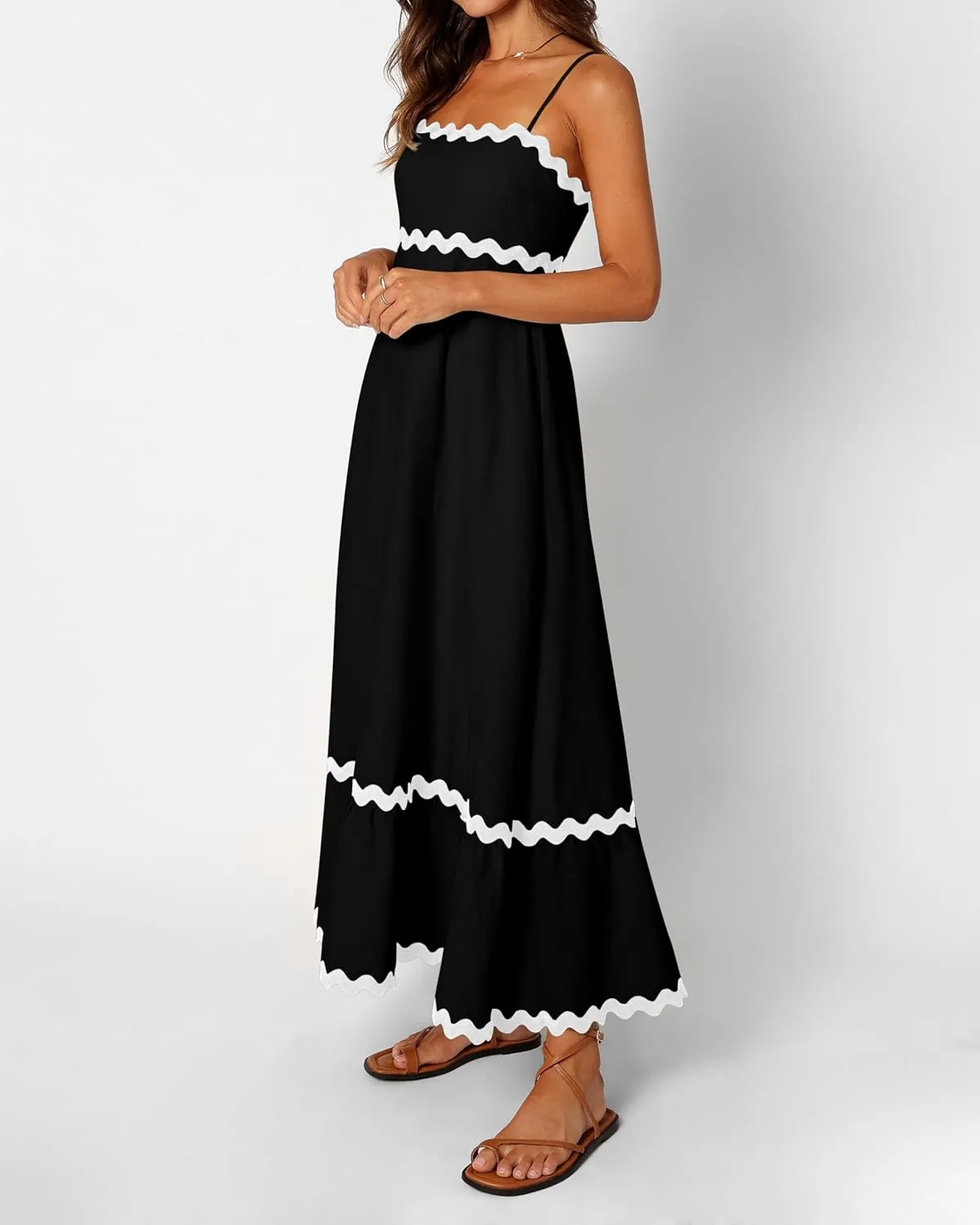 dowerme Women Summer Dresses 2025 Spaghetti Straps Sleeveless Smocked Rickrack Trim Boho Flowy Loose A-Line Midi Dress