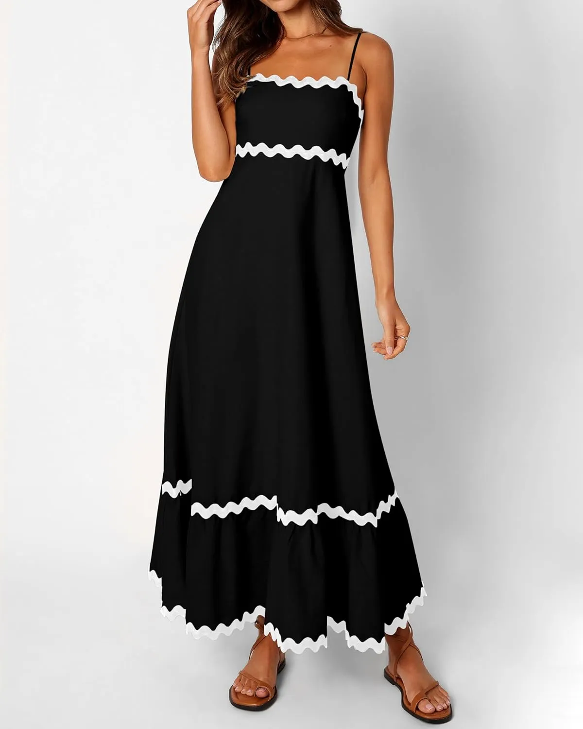 dowerme Women Summer Dresses 2025 Spaghetti Straps Sleeveless Smocked Rickrack Trim Boho Flowy Loose A-Line Midi Dress