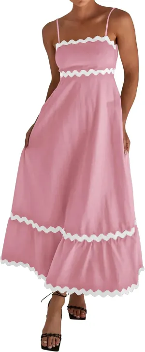 dowerme Women Summer Dresses 2025 Spaghetti Straps Sleeveless Smocked Rickrack Trim Boho Flowy Loose A-Line Midi Dress