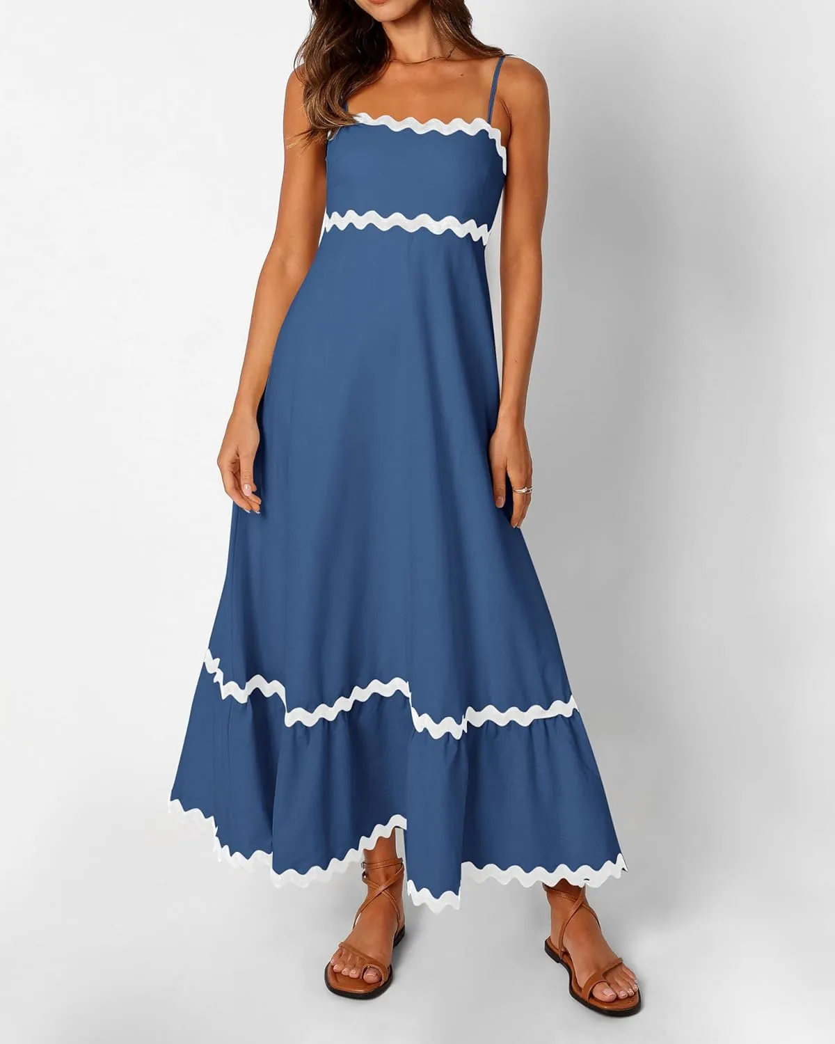 dowerme Women Summer Dresses 2025 Spaghetti Straps Sleeveless Smocked Rickrack Trim Boho Flowy Loose A-Line Midi Dress
