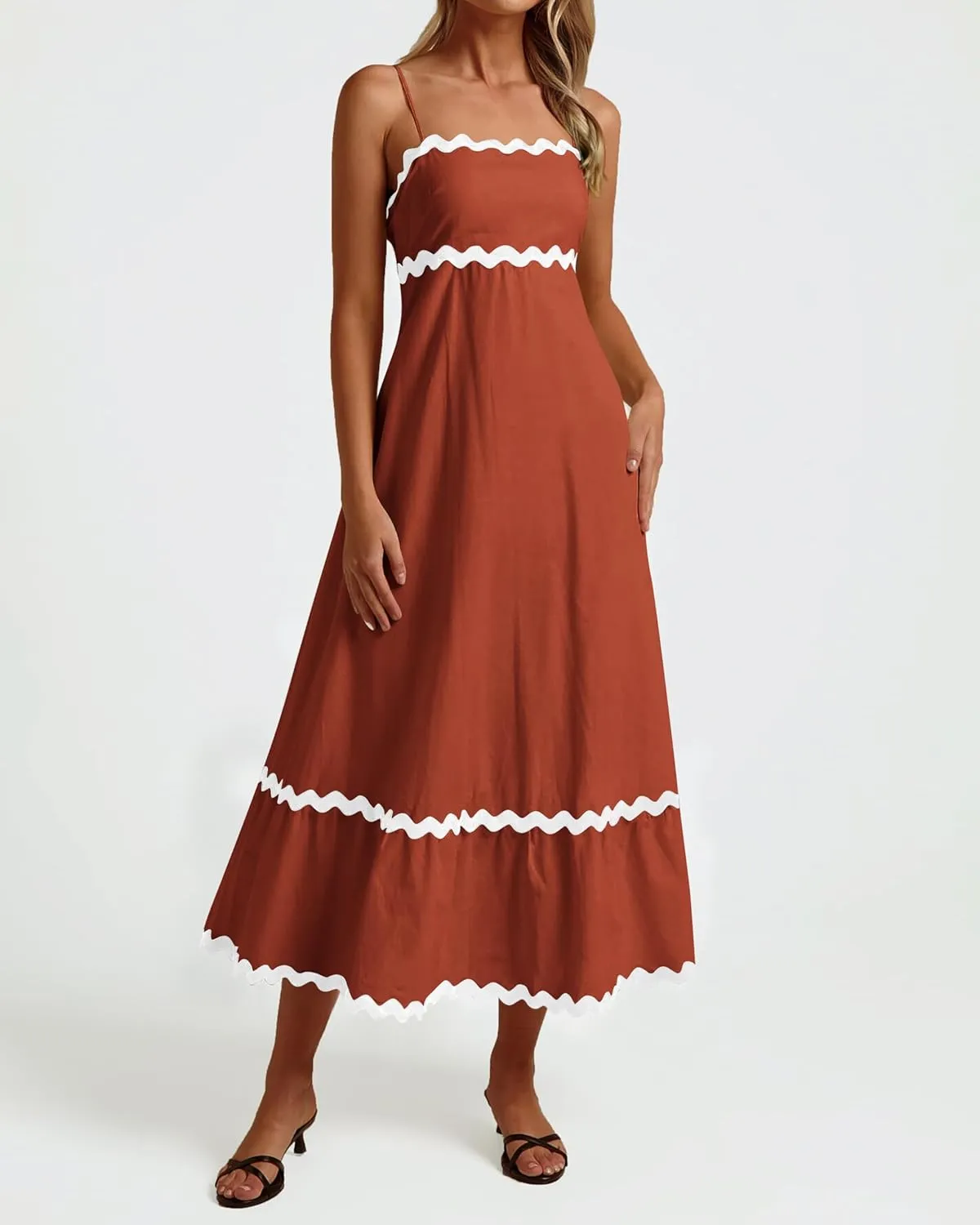 dowerme Women Summer Dresses 2025 Spaghetti Straps Sleeveless Smocked Rickrack Trim Boho Flowy Loose A-Line Midi Dress