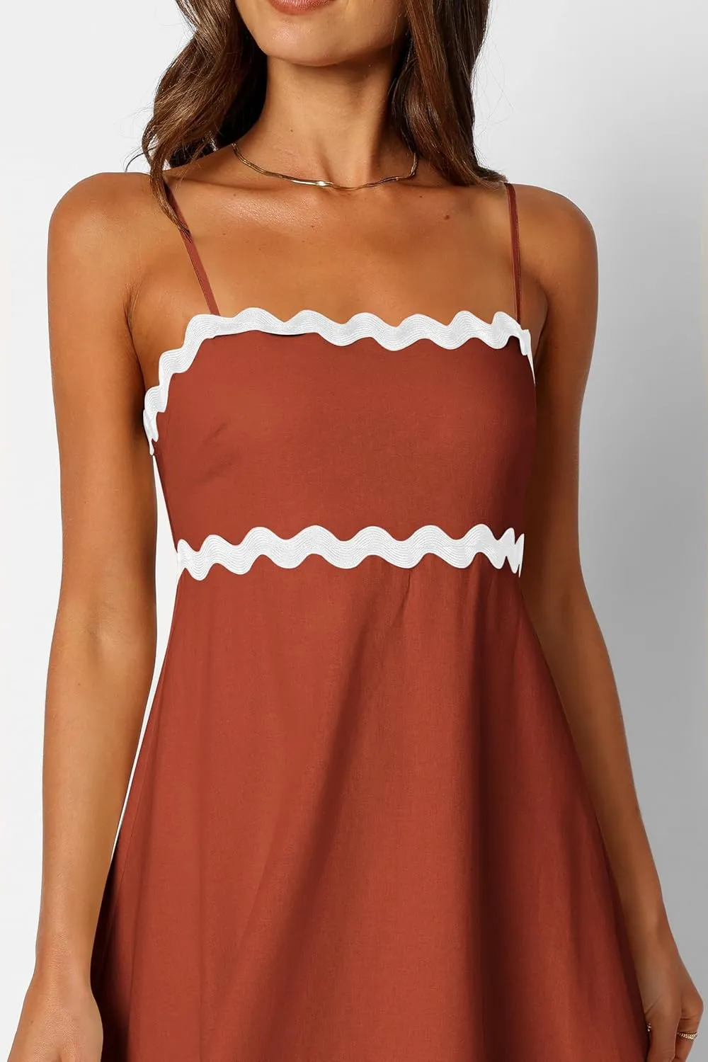 dowerme Women Summer Dresses 2025 Spaghetti Straps Sleeveless Smocked Rickrack Trim Boho Flowy Loose A-Line Midi Dress