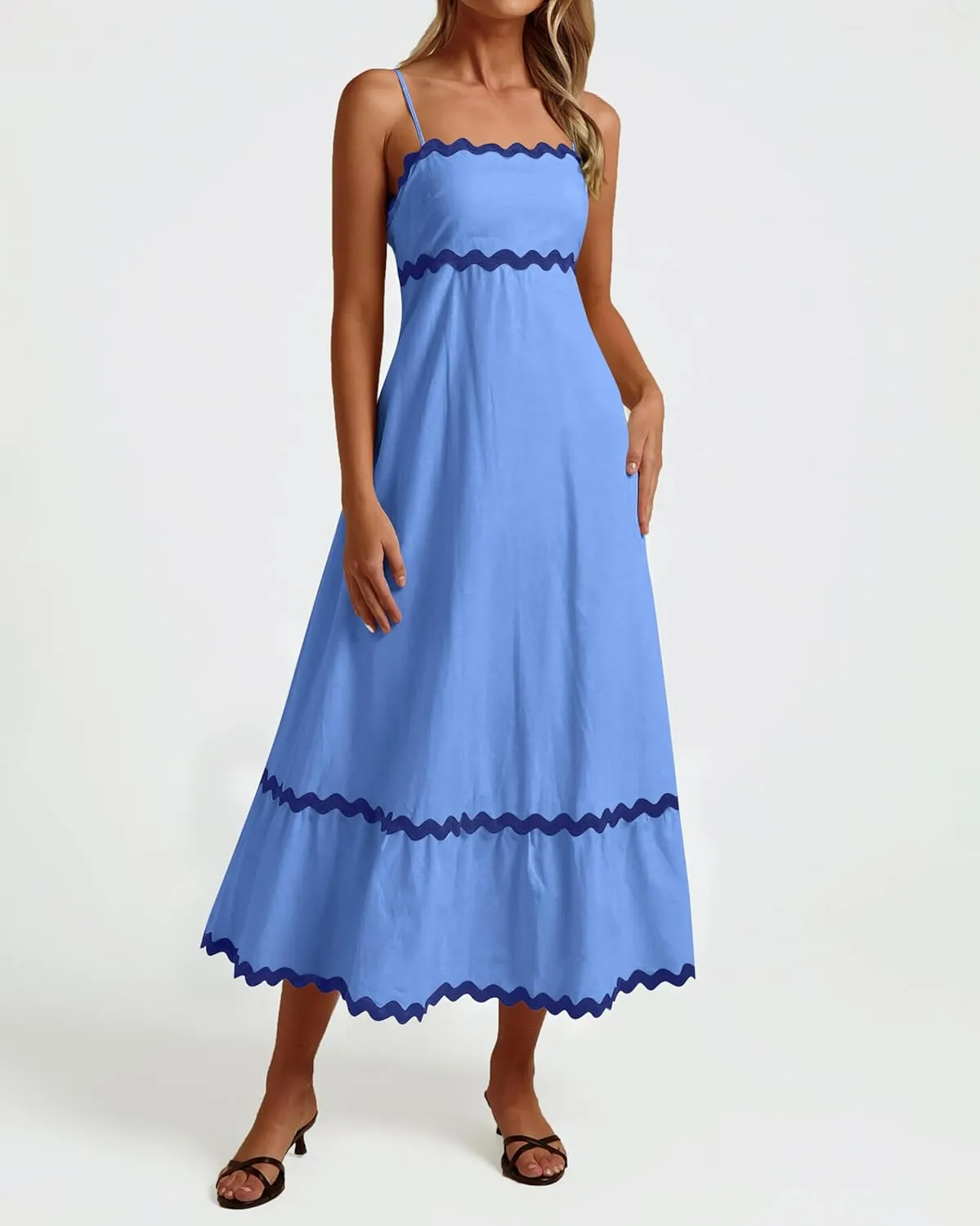 dowerme Women Summer Dresses 2025 Spaghetti Straps Sleeveless Smocked Rickrack Trim Boho Flowy Loose A-Line Midi Dress