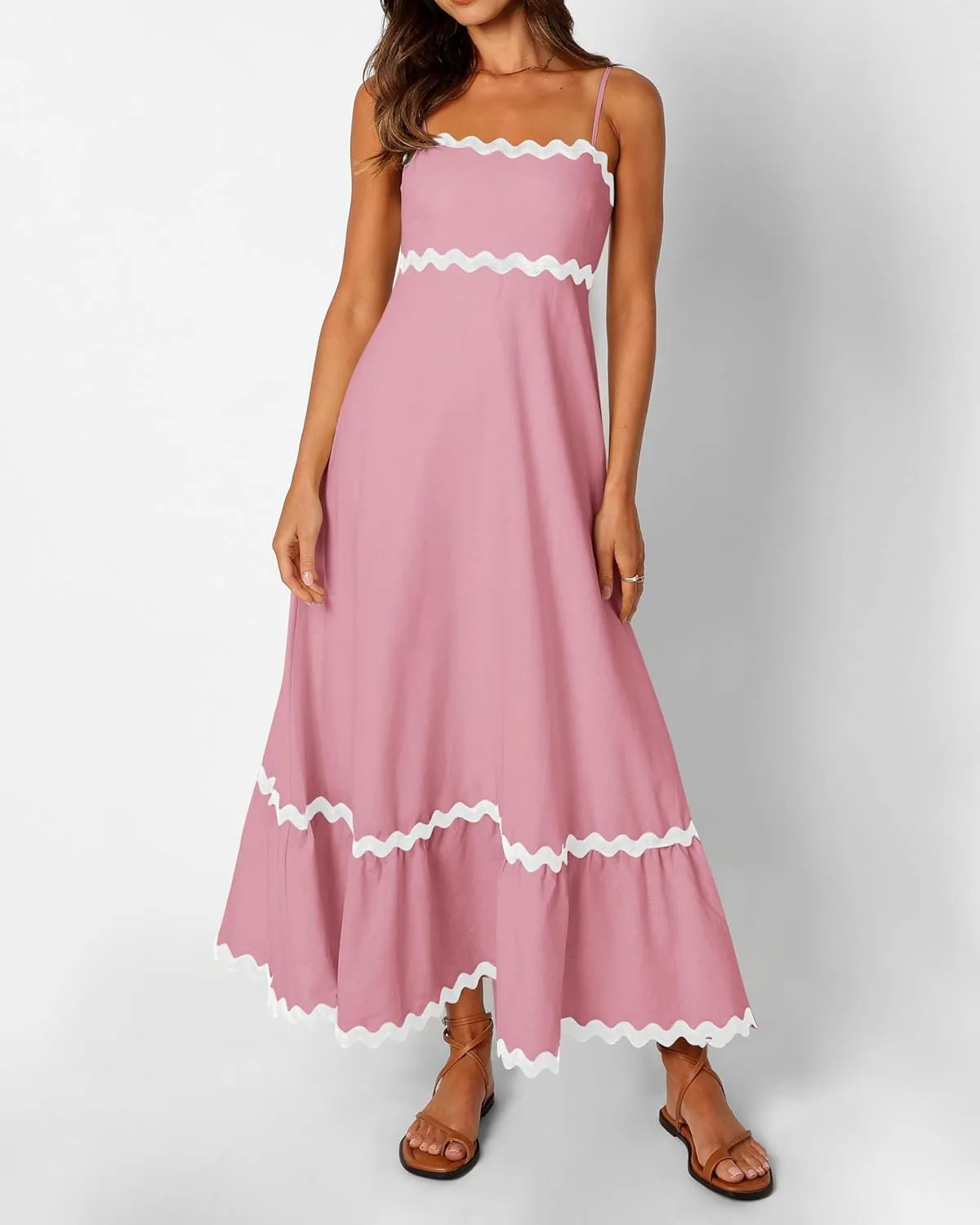 dowerme Women Summer Dresses 2025 Spaghetti Straps Sleeveless Smocked Rickrack Trim Boho Flowy Loose A-Line Midi Dress