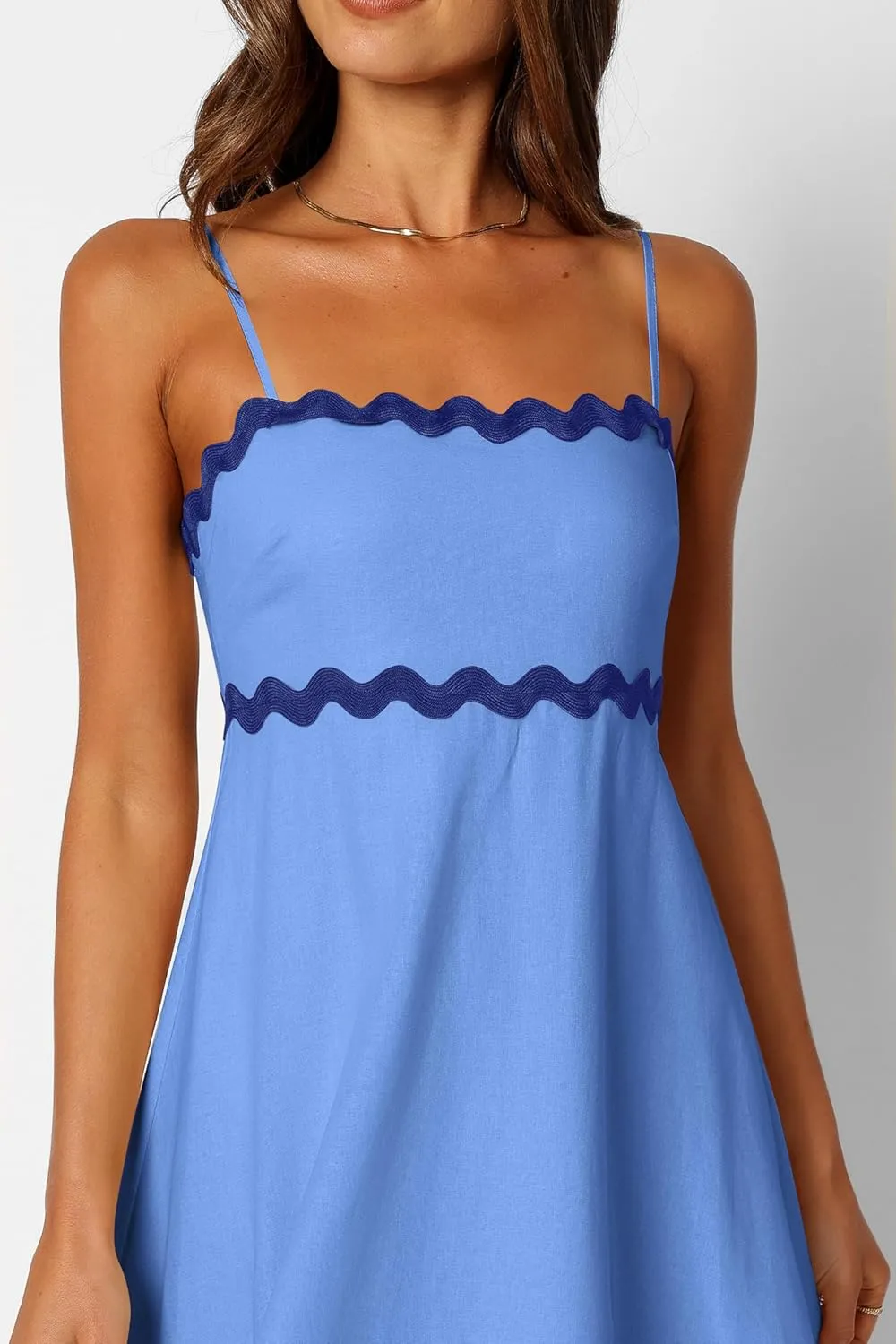 dowerme Women Summer Dresses 2025 Spaghetti Straps Sleeveless Smocked Rickrack Trim Boho Flowy Loose A-Line Midi Dress