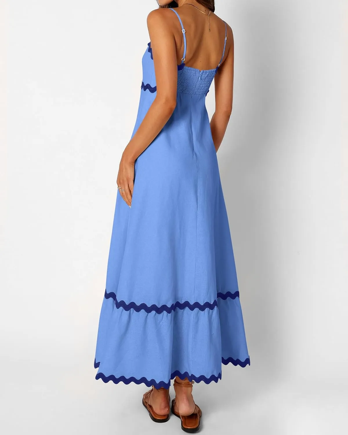 dowerme Women Summer Dresses 2025 Spaghetti Straps Sleeveless Smocked Rickrack Trim Boho Flowy Loose A-Line Midi Dress