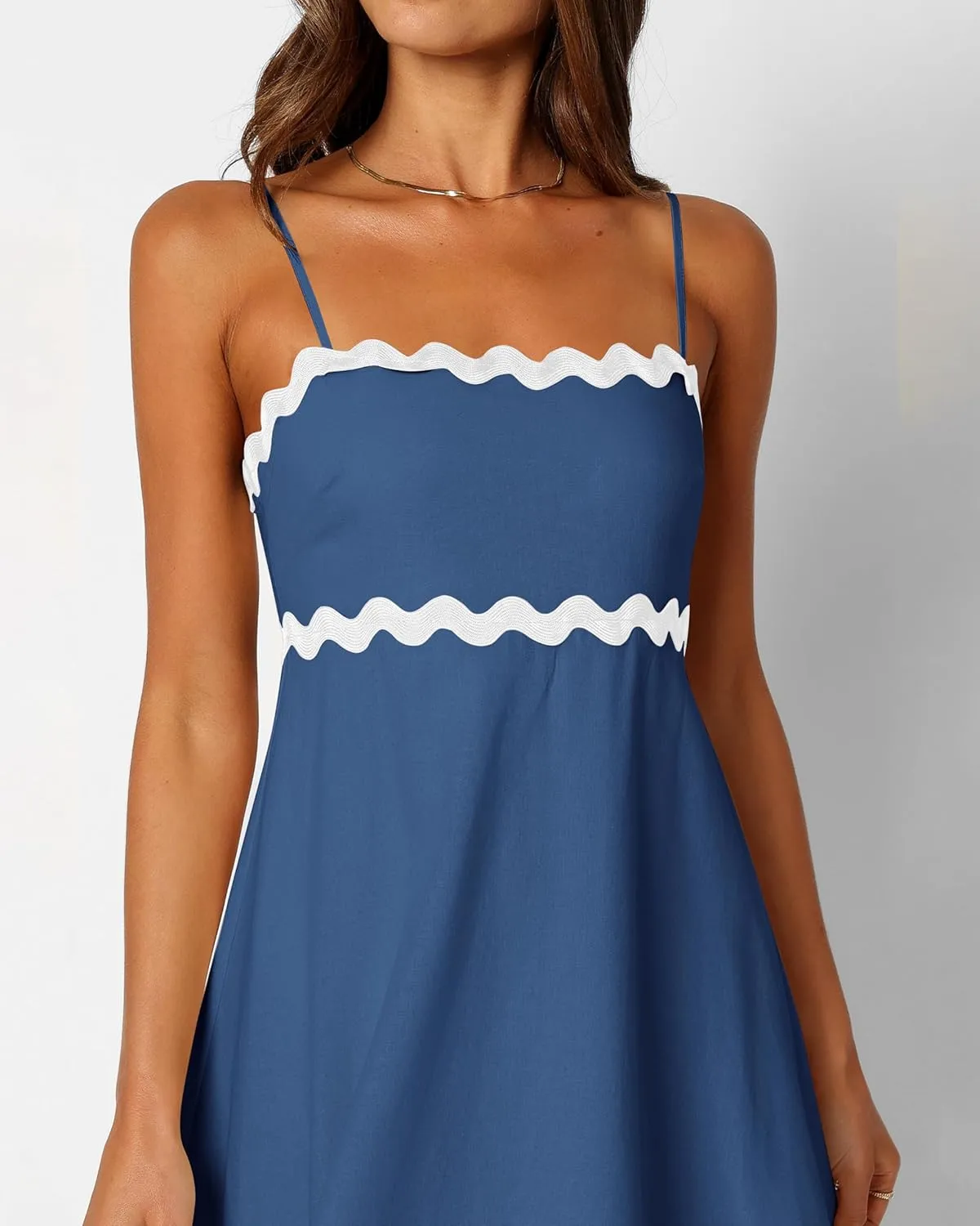 dowerme Women Summer Dresses 2025 Spaghetti Straps Sleeveless Smocked Rickrack Trim Boho Flowy Loose A-Line Midi Dress