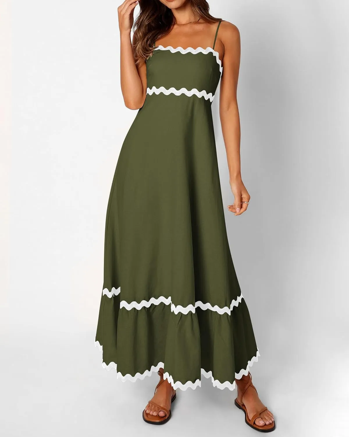 dowerme Women Summer Dresses 2025 Spaghetti Straps Sleeveless Smocked Rickrack Trim Boho Flowy Loose A-Line Midi Dress