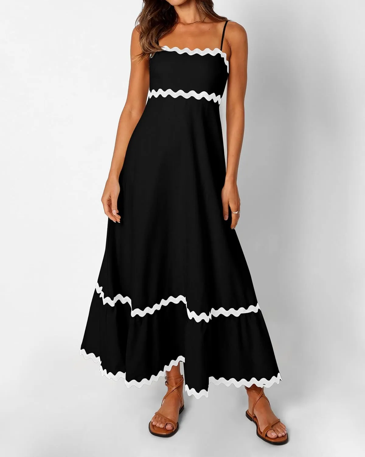 dowerme Women Summer Dresses 2025 Spaghetti Straps Sleeveless Smocked Rickrack Trim Boho Flowy Loose A-Line Midi Dress