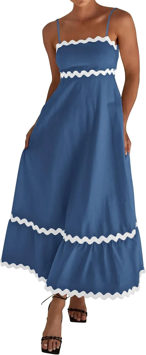 dowerme Women Summer Dresses 2025 Spaghetti Straps Sleeveless Smocked Rickrack Trim Boho Flowy Loose A-Line Midi Dress