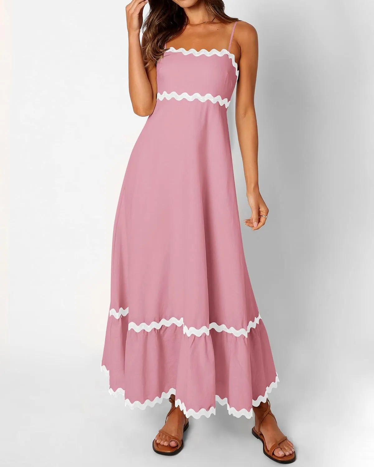 dowerme Women Summer Dresses 2025 Spaghetti Straps Sleeveless Smocked Rickrack Trim Boho Flowy Loose A-Line Midi Dress