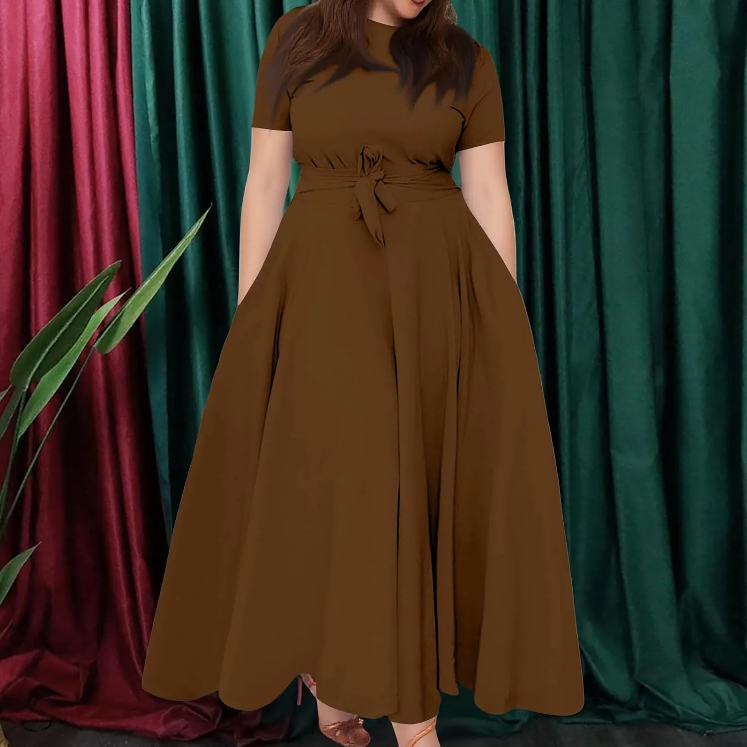 Dresses for Women 2025 Casual Plus Size Short Sleeve Crewneck Long Dress Formal A Line Smocked Maxi Dresses