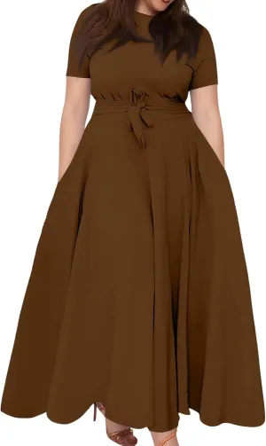 Dresses for Women 2025 Casual Plus Size Short Sleeve Crewneck Long Dress Formal A Line Smocked Maxi Dresses