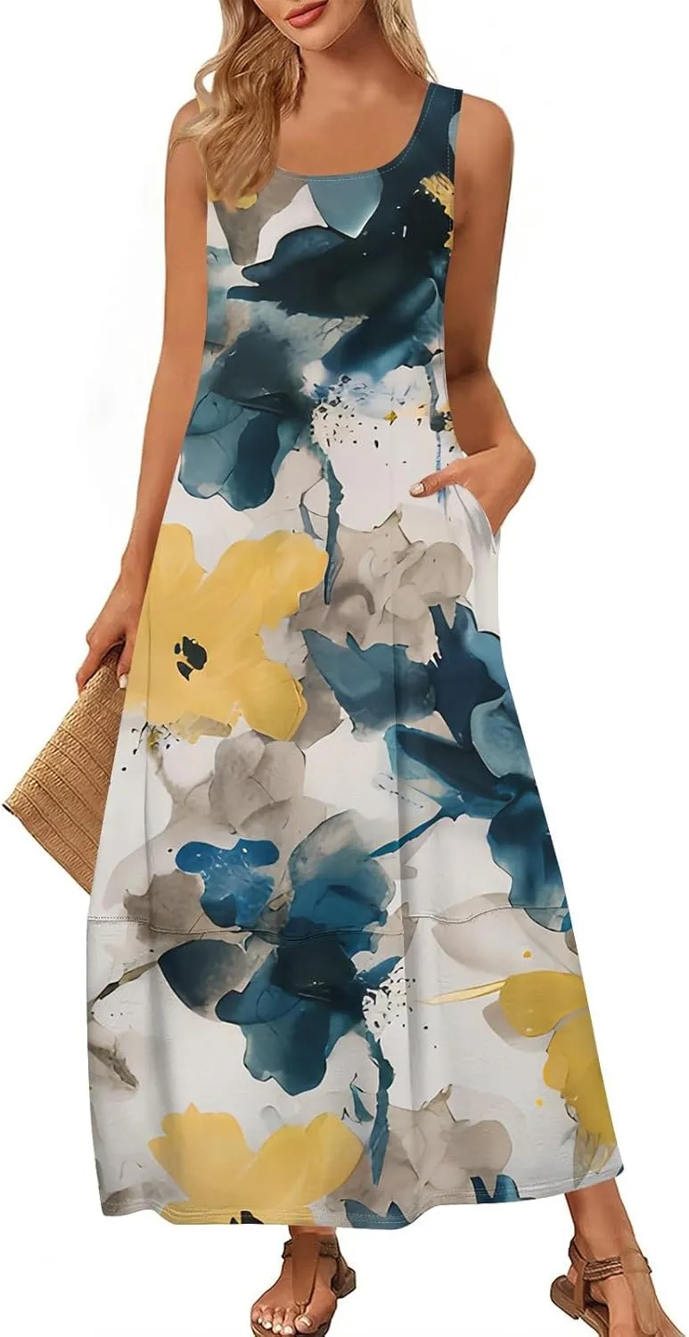 Dresses for Women 2025;Summer Sleeveless Boho Sundresses Scoop Neck Print Loose Fit Tank Dresses Summer Basic Casual