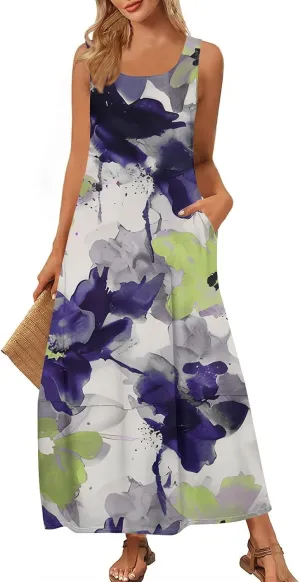 Dresses for Women 2025;Summer Sleeveless Boho Sundresses Scoop Neck Print Loose Fit Tank Dresses Summer Basic Casual