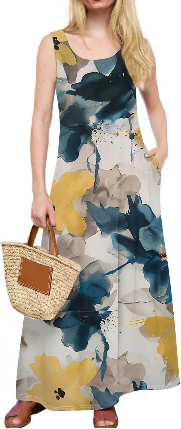 Dresses for Women 2025;Summer Sleeveless Boho Sundresses Scoop Neck Print Loose Fit Tank Dresses Summer Basic Casual