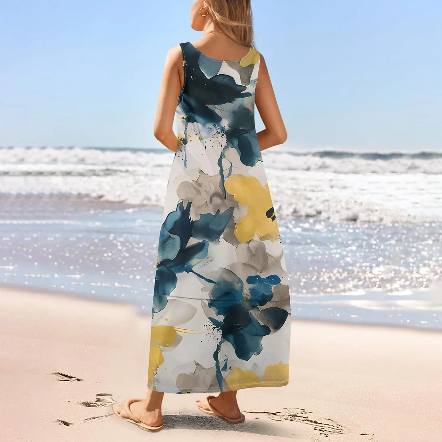 Dresses for Women 2025;Summer Sleeveless Boho Sundresses Scoop Neck Print Loose Fit Tank Dresses Summer Basic Casual