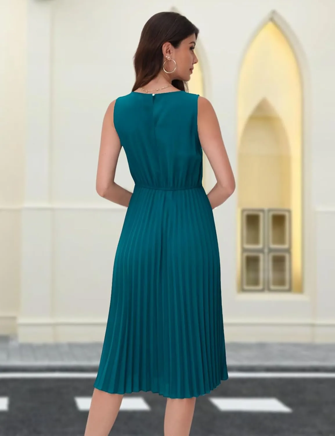DRESSTELLS Women's Summer Sleeveless Midi Pleated Cocktail Dress for Wedding Guest Casual&Business Work