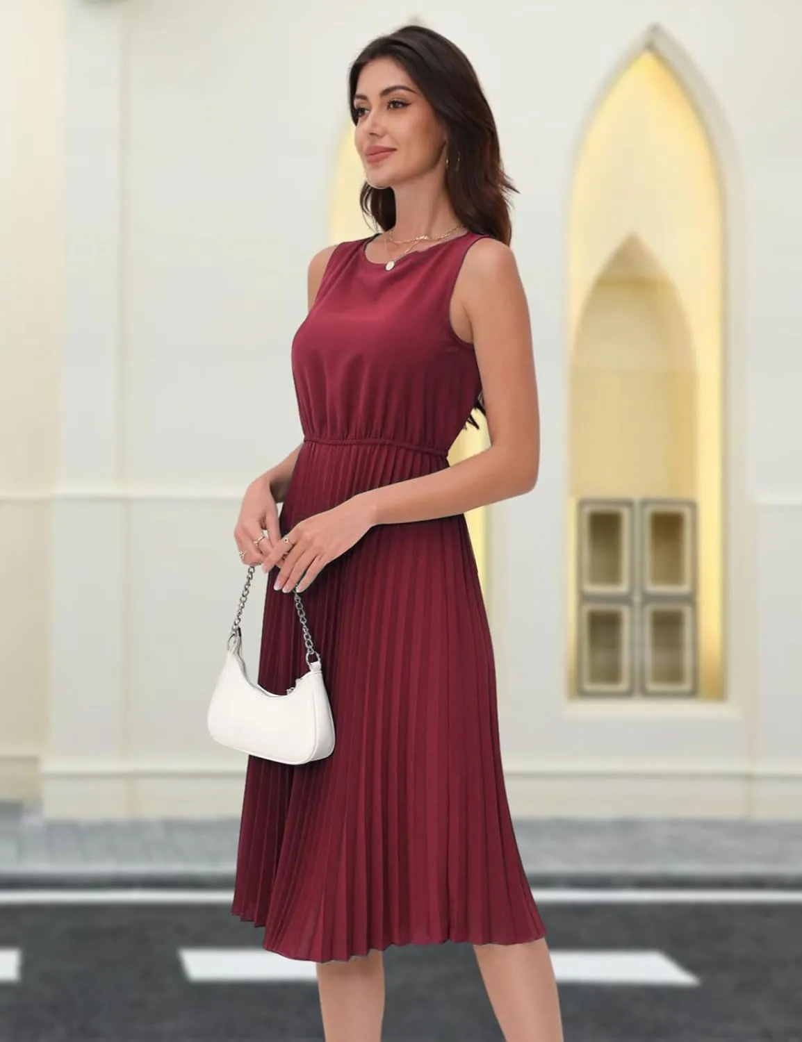 DRESSTELLS Women's Summer Sleeveless Midi Pleated Cocktail Dress for Wedding Guest Casual&Business Work