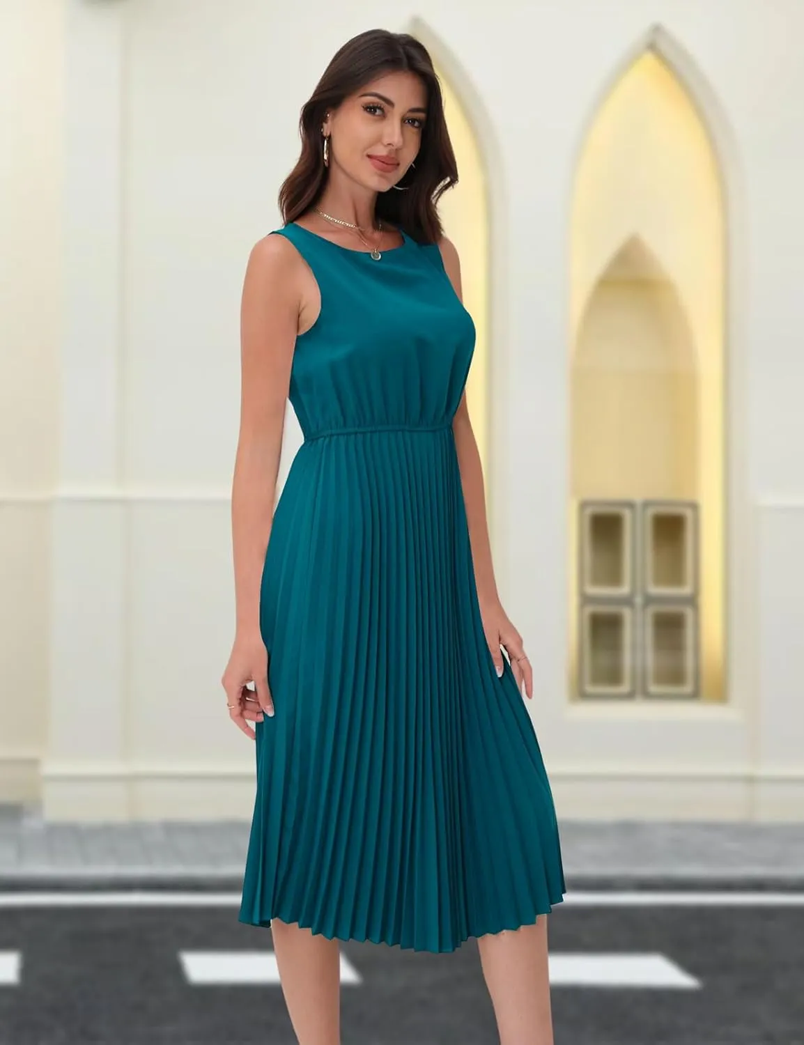 DRESSTELLS Women's Summer Sleeveless Midi Pleated Cocktail Dress for Wedding Guest Casual&Business Work