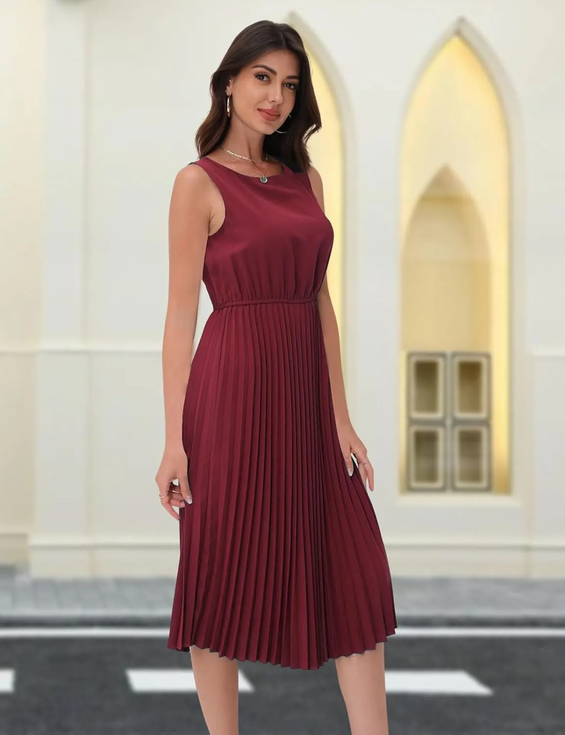 DRESSTELLS Women's Summer Sleeveless Midi Pleated Cocktail Dress for Wedding Guest Casual&Business Work