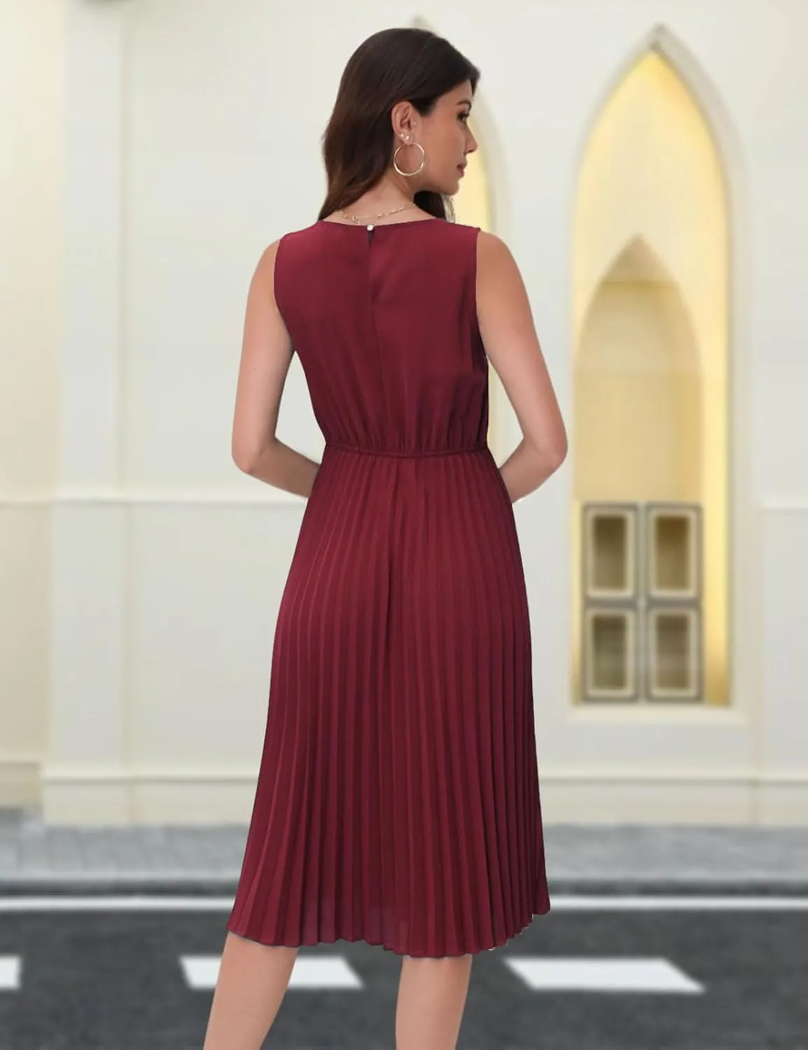 DRESSTELLS Women's Summer Sleeveless Midi Pleated Cocktail Dress for Wedding Guest Casual&Business Work