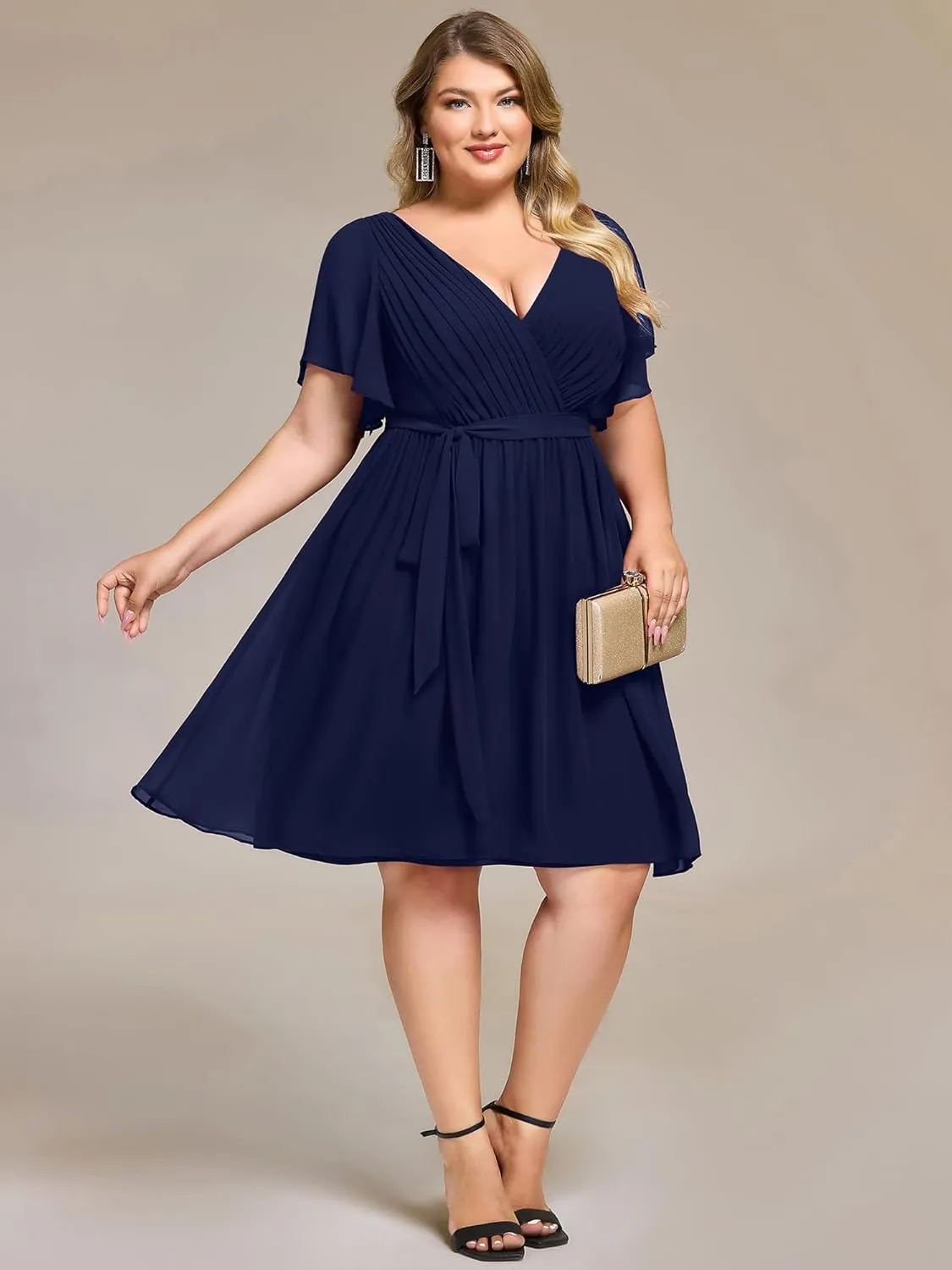 Ever-Pretty Women's Chiffon V Neck Short Sleeves Tie Waist Pleated Knee Length Plus Size Cocktail Wedding Guest Dresses