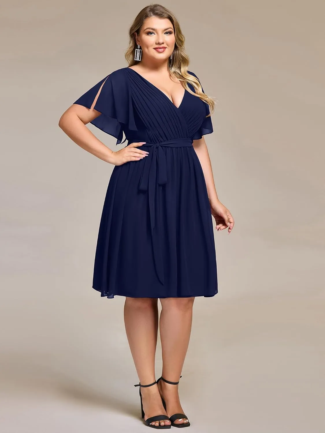 Ever-Pretty Women's Chiffon V Neck Short Sleeves Tie Waist Pleated Knee Length Plus Size Cocktail Wedding Guest Dresses