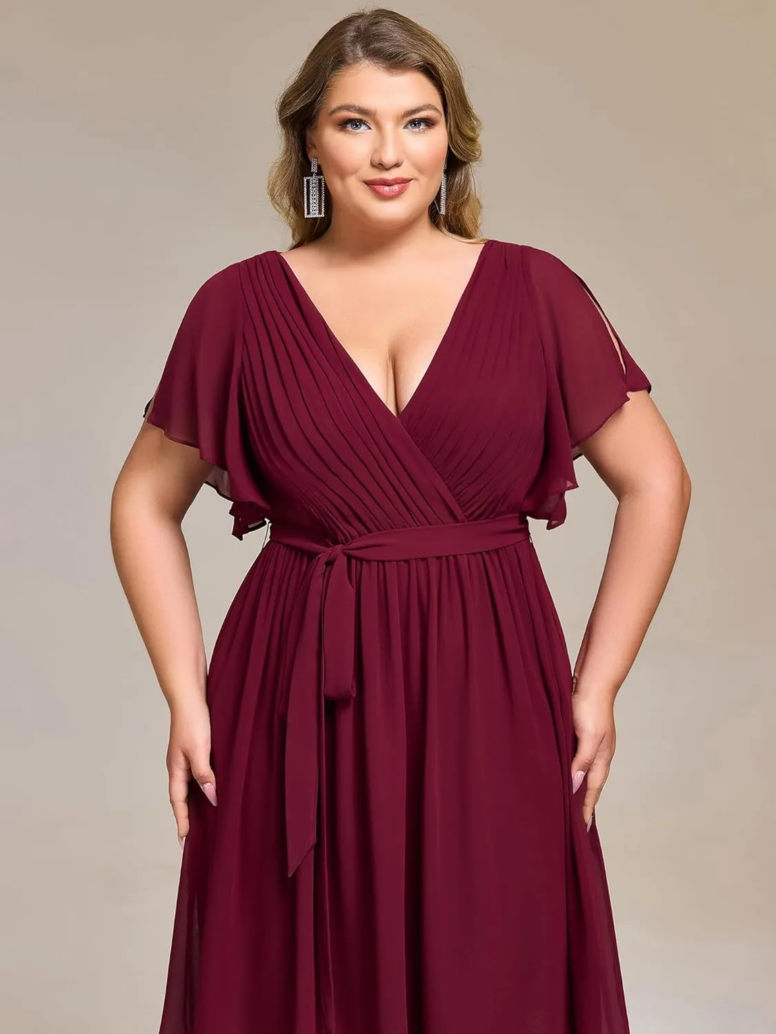 Ever-Pretty Women's Chiffon V Neck Short Sleeves Tie Waist Pleated Knee Length Plus Size Cocktail Wedding Guest Dresses