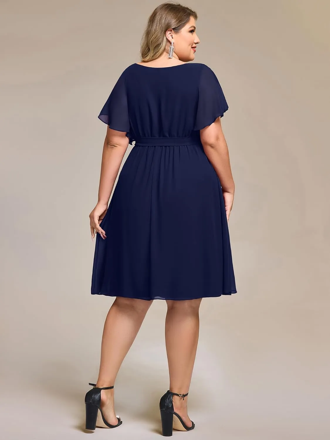 Ever-Pretty Women's Chiffon V Neck Short Sleeves Tie Waist Pleated Knee Length Plus Size Cocktail Wedding Guest Dresses