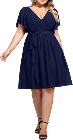 Ever-Pretty Women's Chiffon V Neck Short Sleeves Tie Waist Pleated Knee Length Plus Size Cocktail Wedding Guest Dresses