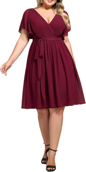 Ever-Pretty Women's Chiffon V Neck Short Sleeves Tie Waist Pleated Knee Length Plus Size Cocktail Wedding Guest Dresses