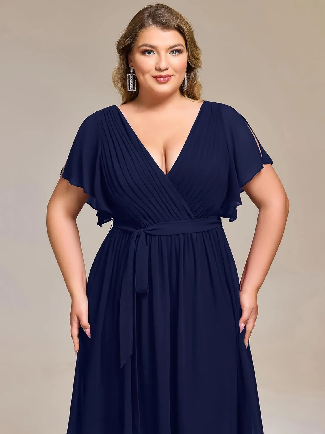 Ever-Pretty Women's Chiffon V Neck Short Sleeves Tie Waist Pleated Knee Length Plus Size Cocktail Wedding Guest Dresses