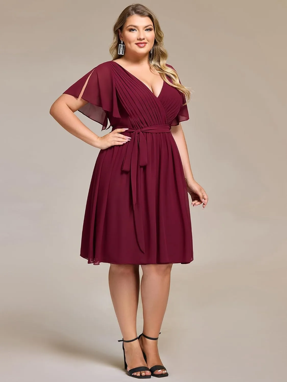 Ever-Pretty Women's Chiffon V Neck Short Sleeves Tie Waist Pleated Knee Length Plus Size Cocktail Wedding Guest Dresses