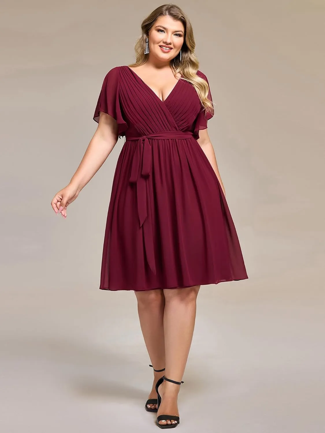 Ever-Pretty Women's Chiffon V Neck Short Sleeves Tie Waist Pleated Knee Length Plus Size Cocktail Wedding Guest Dresses