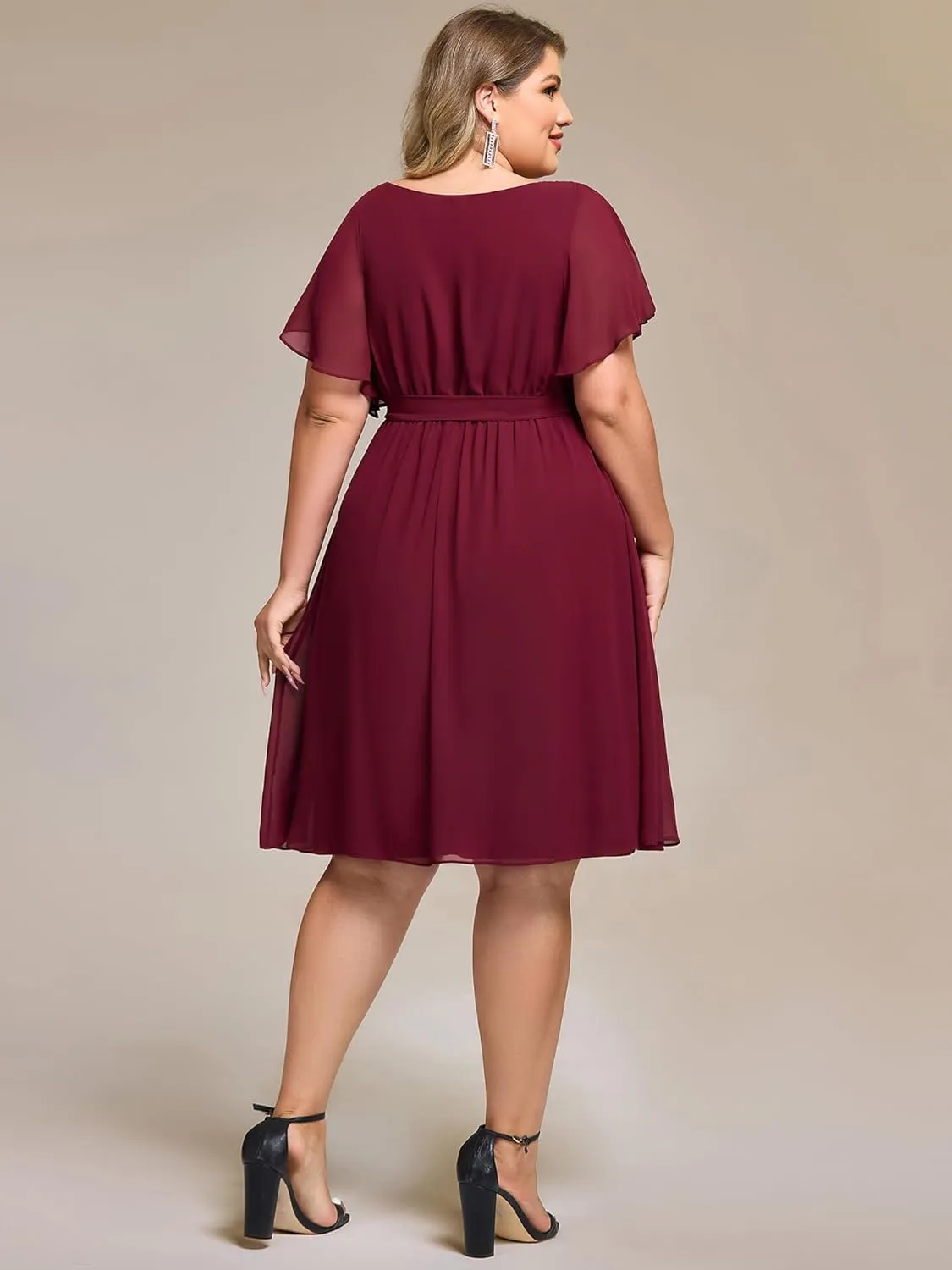 Ever-Pretty Women's Chiffon V Neck Short Sleeves Tie Waist Pleated Knee Length Plus Size Cocktail Wedding Guest Dresses