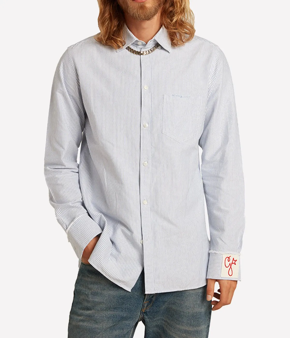 *FINAL SALE* Golden Regular Striped Cotton Oxford Shirt in White Infinity