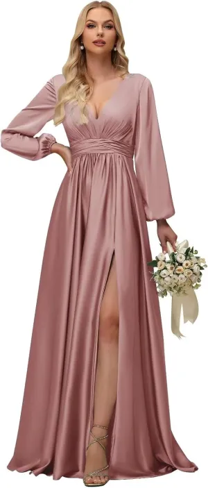 Fivsole Women's Satin Bridesmaid Dresses with Sleeves Long with Slit Long Sleeves Formal Dress Evening Gowns