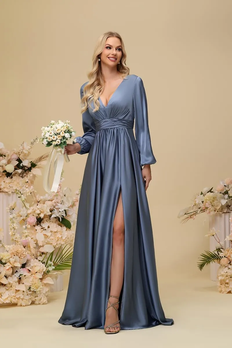 Fivsole Women's Satin Bridesmaid Dresses with Sleeves Long with Slit Long Sleeves Formal Dress Evening Gowns