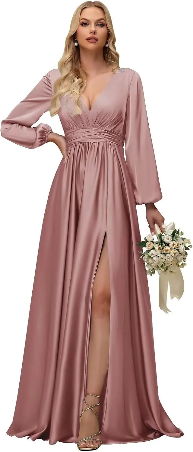 Fivsole Women's Satin Bridesmaid Dresses with Sleeves Long with Slit Long Sleeves Formal Dress Evening Gowns