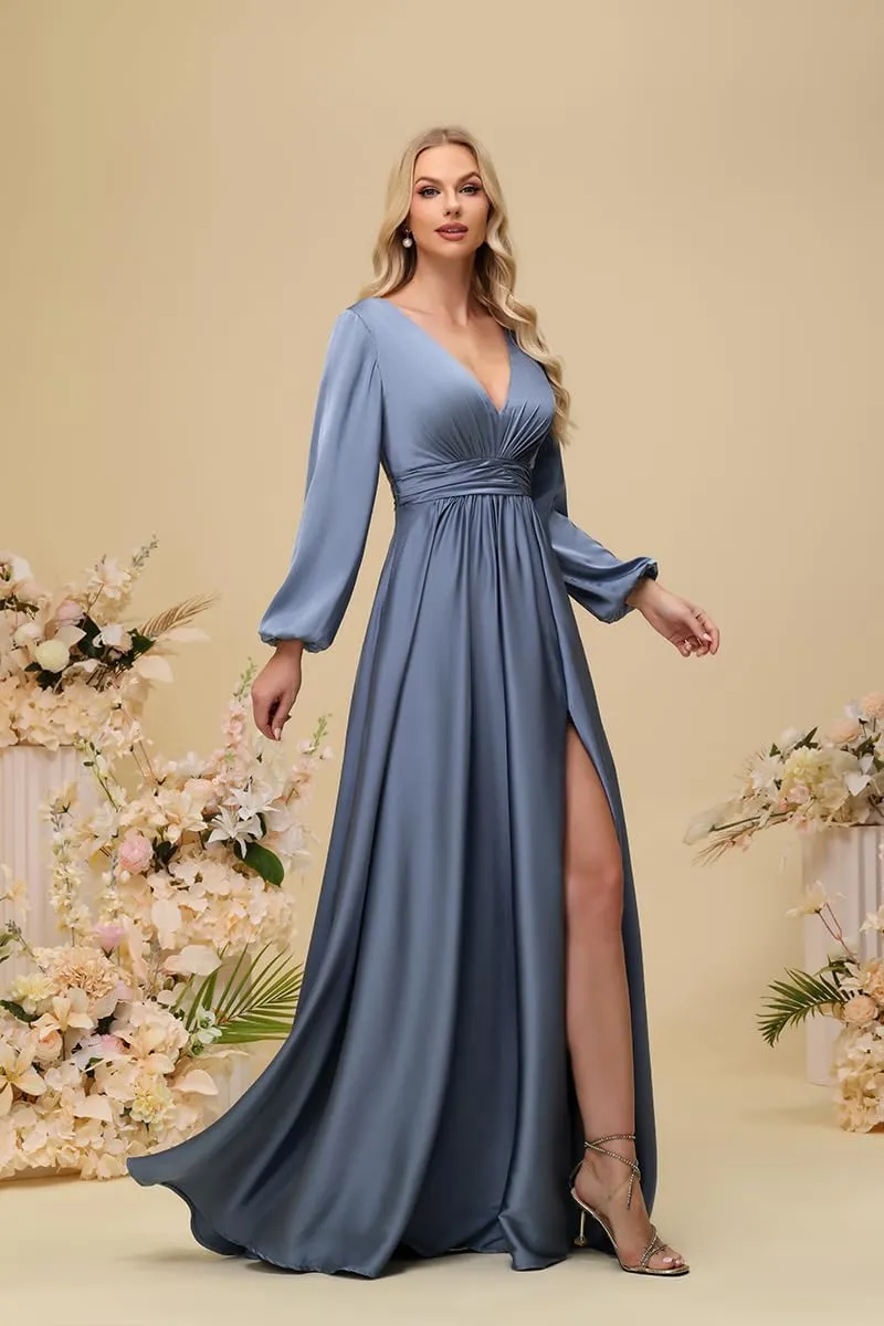Fivsole Women's Satin Bridesmaid Dresses with Sleeves Long with Slit Long Sleeves Formal Dress Evening Gowns