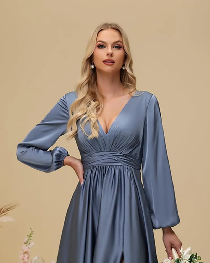 Fivsole Women's Satin Bridesmaid Dresses with Sleeves Long with Slit Long Sleeves Formal Dress Evening Gowns